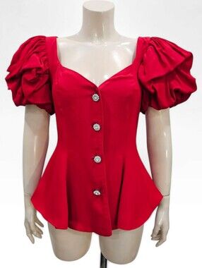 Vtg 90s TOPAZ Red Peplum Puff Sleeve Rhinestone Buttons Rayon Blouse M